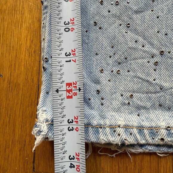 Zara Size 6 Light Wash Denim Rhinestone Embellished Distressed Wide Leg Jeans - Picture 12 of 16